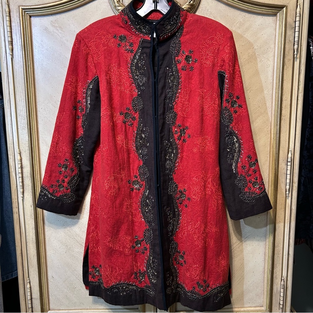 Chico’s Mid Length Orange Brown Ornate Bead Sequin Embroidered Coat Jacket